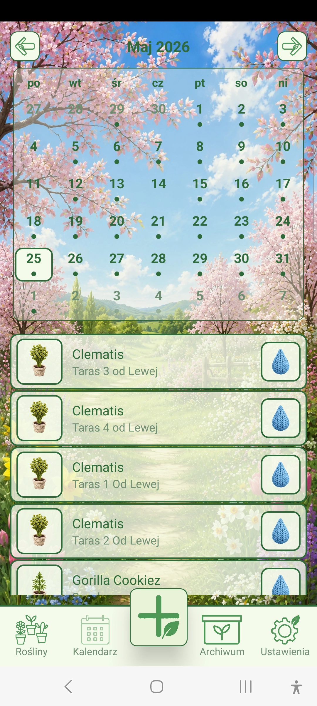 Calendar screen of the Planter app